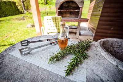 a bottle of oil on a table with a pine branch at Apartments Vila Lena at Aqualuna in Podčetrtek
