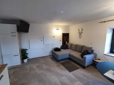 a living room with a couch and a table at Sivka - mountain apartment with sauna in Kobarid