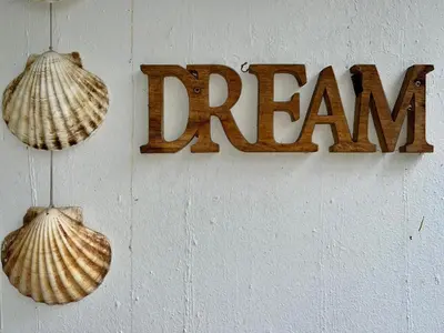 a sign that says dream and two shells on a wall at Relax in nature Apartment in Bovec