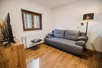 a living room with a couch and a television at Holiday Home Kozorog in Bohinj