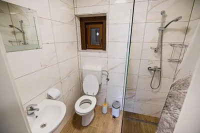 a bathroom with a toilet and a sink and a shower at Holiday Home Kozorog in Bohinj