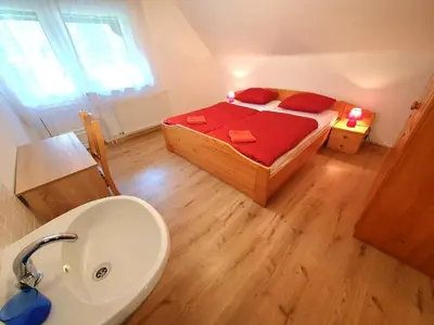 a bedroom with a bed with red pillows and a sink at Apartmaji Zupanc Ivanka in Bohinj