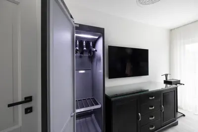 a black refrigerator in a room with a dresser at Vila Mignon in Bled