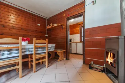a room with a fireplace and a table and a stove at Mala koča Wooden Cabin in Goreljek