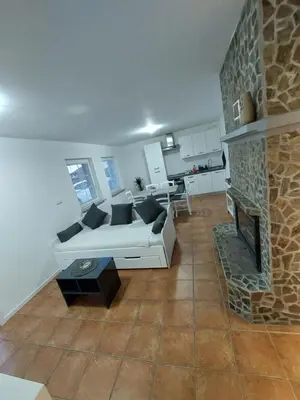 a living room with a couch and a fireplace at Apartma Sandi in Šentilj