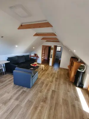 a living room with a couch and a table at Apartma na KOZOLCU in Dobovec