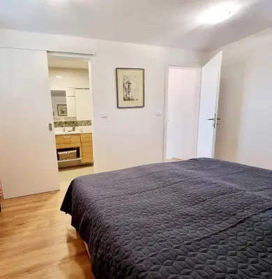 a bedroom with a bed and a kitchen at Hiša Rožmarin in Osp
