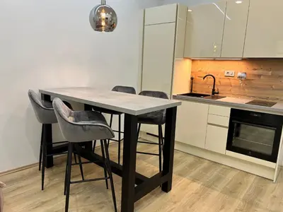 a kitchen with a table with chairs and a sink at City Apartment Chiara in Maribor