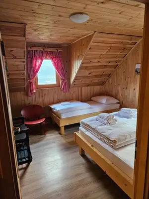 a bedroom with two beds in a wooden cabin at Koča na Taležu in Bled