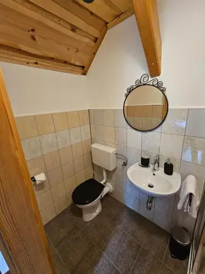 a bathroom with a toilet and a sink at Koča na Taležu in Bled