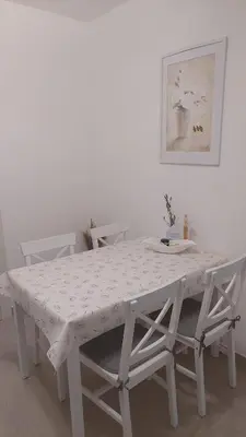 a white table and chairs in a white room at Apartma Rižana in Dekani