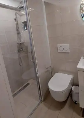 a bathroom with a shower stall and a toilet at Apartma Rižana in Dekani