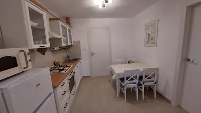 a small kitchen with a table and chairs in it at Apartma Rižana in Dekani