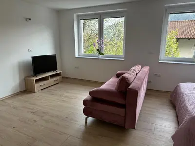 a living room with a couch and a tv at Apartma ALTA in Tolmin
