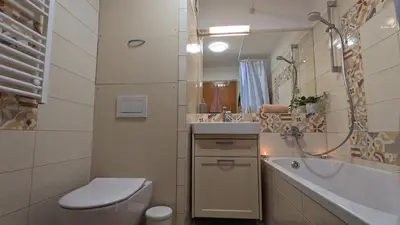 a bathroom with a toilet and a sink and a tub at Apartment Zala with free parking Tour As Ljubljana in Ljubljana