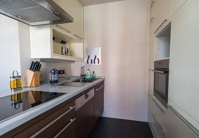 a kitchen with a sink and a stove at Triple Bridge Ljubljana in Ljubljana