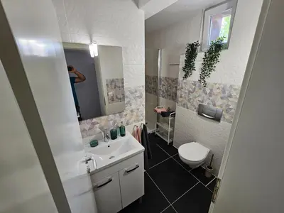 a bathroom with a sink and a toilet and a mirror at APARTMA FIREFLY1 in Ljubljana