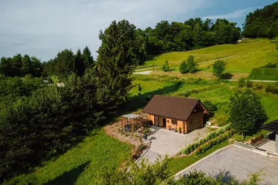 an overhead view of a wooden house in a field at Chalet -VV in Podčetrtek
