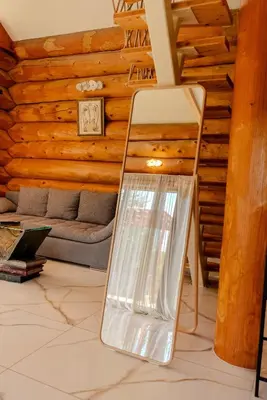 a mirror in a living room with a couch at Chalet -VV in Podčetrtek