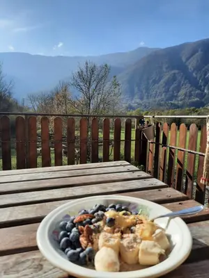 a plate of food sitting on a wooden table at Stara Hiša in Log Čezsoški