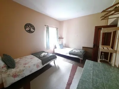 a bedroom with two beds and a window at Stara Hiša in Log Čezsoški