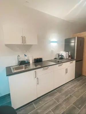 a kitchen with white cabinets and a stainless steel refrigerator at Lavitas SPA in Moravče