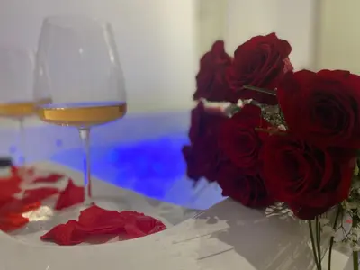 a glass of wine next to a vase of red roses at Lavitas SPA in Moravče