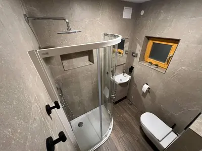 a bathroom with a shower and a toilet and a sink at Apartma Mia in Črni Kal