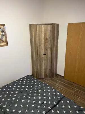 a bedroom with a bed with a wooden door at Apartma Mia in Črni Kal