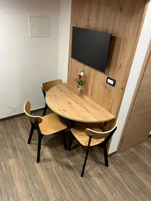 a table and chairs in a room with a tv at Apartma Mia in Črni Kal