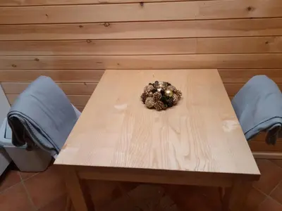 a table with two chairs and a pine cone on it at Bellevue mini House in Žetale