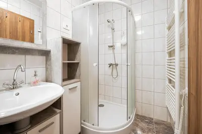 a white bathroom with a shower and a sink at Apartmaji Koza in Zgornje Gorje