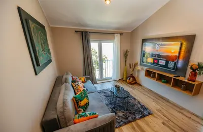 a living room with a couch and a flat screen tv at Villa Sunset Pool & Spa apartments in Zgornje Škofije
