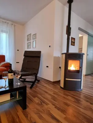 a living room with a fireplace and a couch at Apartma Vista montana in Kobarid