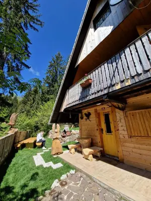 a wooden house with a yard with a yard at OTO`S CABIN in Radovljica