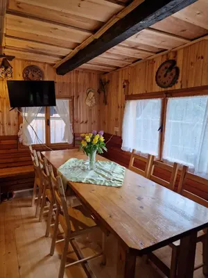a dining room table with a vase of flowers on it at OTO`S CABIN in Radovljica