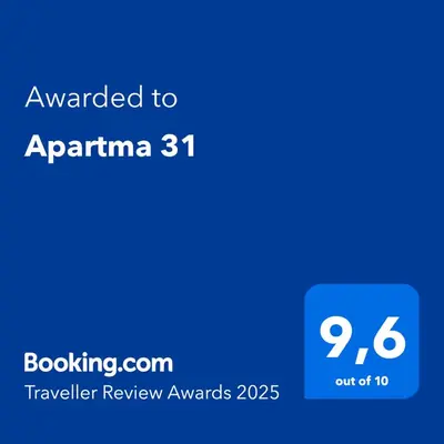 a blue screen with the text awarded to arriveina at Apartma 31 in Nova Gorica