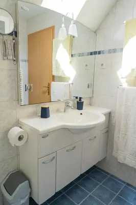 a bathroom with a white sink and a mirror at Apartma Metka in Bohinj
