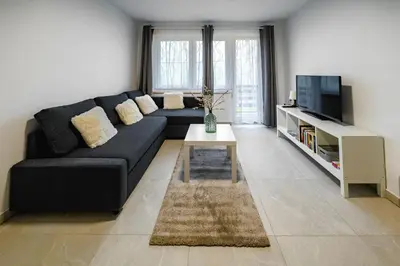 a living room with a black couch and a tv at Apartma na hribu in Mojstrana