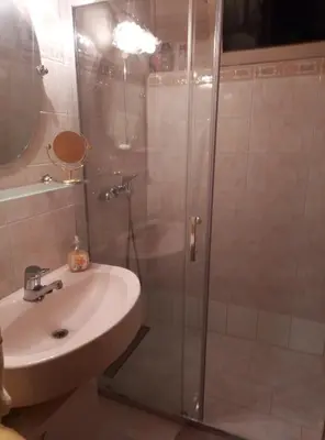 a bathroom with a shower and a sink at Apartma Sabatuš in Bohinj