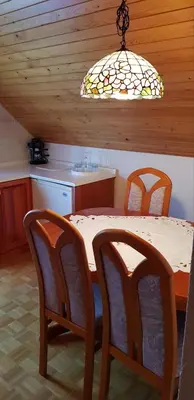a kitchen with a table and two chairs and a light at Apartma Sabatuš in Bohinj