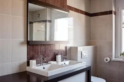 a bathroom with a sink and a mirror and a toilet at Passero Holiday House in Moravske Toplice