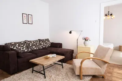 a living room with a brown couch and a chair at Passero Holiday House in Moravske Toplice