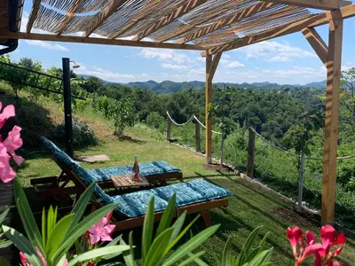 a picnic table under a pergola with a view at Hill Cottage Haloze in Gruškovec