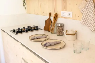 a kitchen counter with plates on a counter top at Tiny Eko House Bovec in Bovec