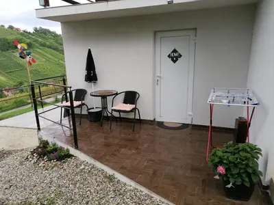 a patio with a table and chairs and a door at Pri stari preši in Lendava