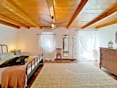 a bedroom with a bed and a wooden ceiling at Smetova - The Blue Door House in Šempas