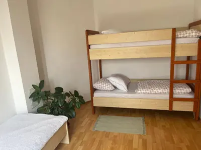 a room with two bunk beds and a plant at Karla’s House in Dobje pri Planini