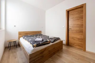 a bedroom with a bed and a wooden door at Duplex Holiday Apartment in Škofljica