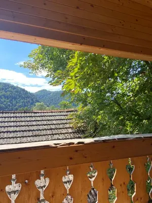 a view from the deck of a cabin with a roof at Pr Krač Countryside Hideaway in Dol pri Ljubljani